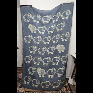 Vutek Vintage Crown Crafts Sheep Blanket Plush Throw 56x86 Blue White Reversible
